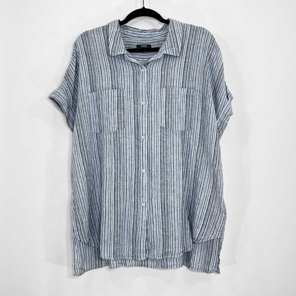 NYDJ Womens XL Blue Striped 100% Linen Short Sleeve Button Down Shirt MLNA3930
